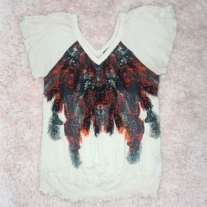 DEX Cream V-neck Babydoll Blouse with Textured Feather Design